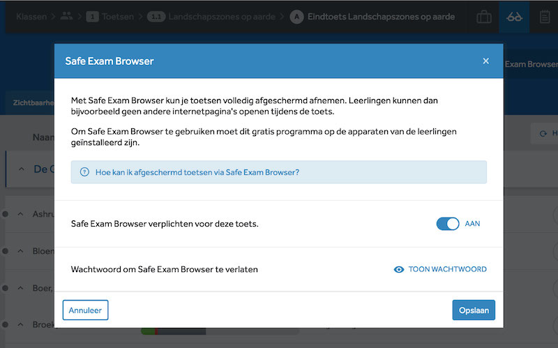 Uitleg en instellingen bij het gebruik van een Safe Exam Browser. Je kan het hier aanzetten en het wachtwoord terugvinden.