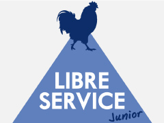 logo voor methode Frans Libre Service Junior haan op blauwe piramide van Centre Pompidou