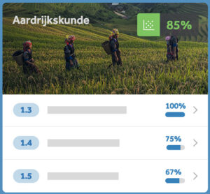 voortgangsscherm in Learnbeat waarop je ziet hoeveel opgaven de leerling gemaakt heeft voor De Geo aardrijkskunde