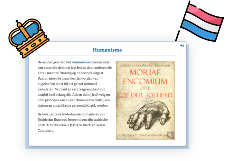 stuk tekst en afbeelding van Lof der Zotheid in Learnbeat op iPad, rechts bovenin afbeelding van Nederlandse vlag en links kroon