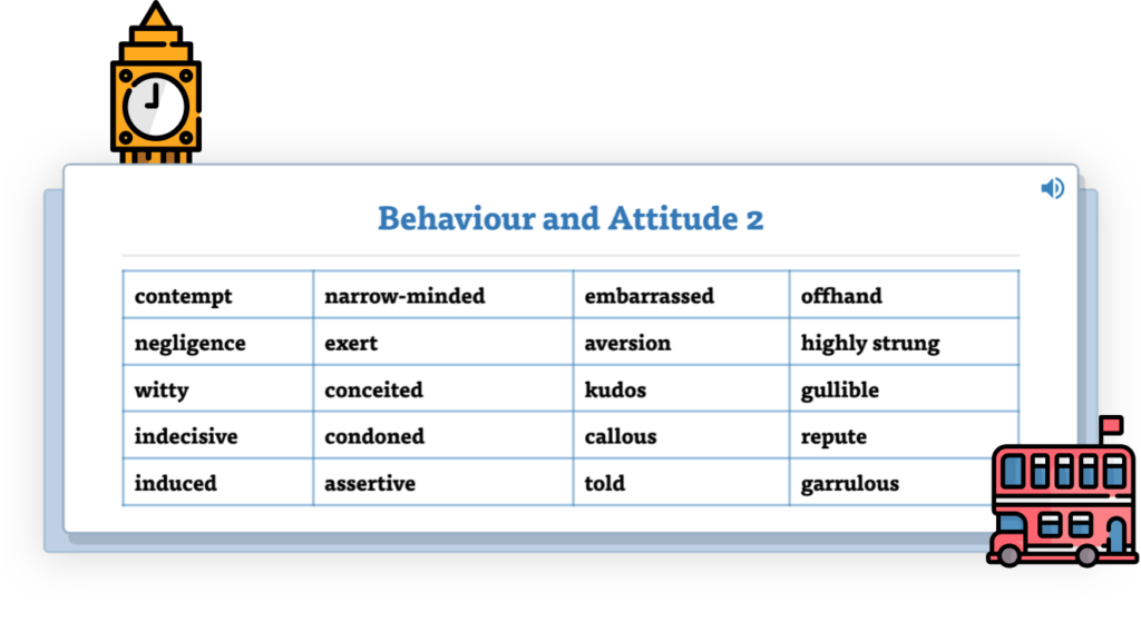 vocabulary English behaviour and attitude digitaal in Learnbeat met illustratie van dubbeldekker en Big Ben