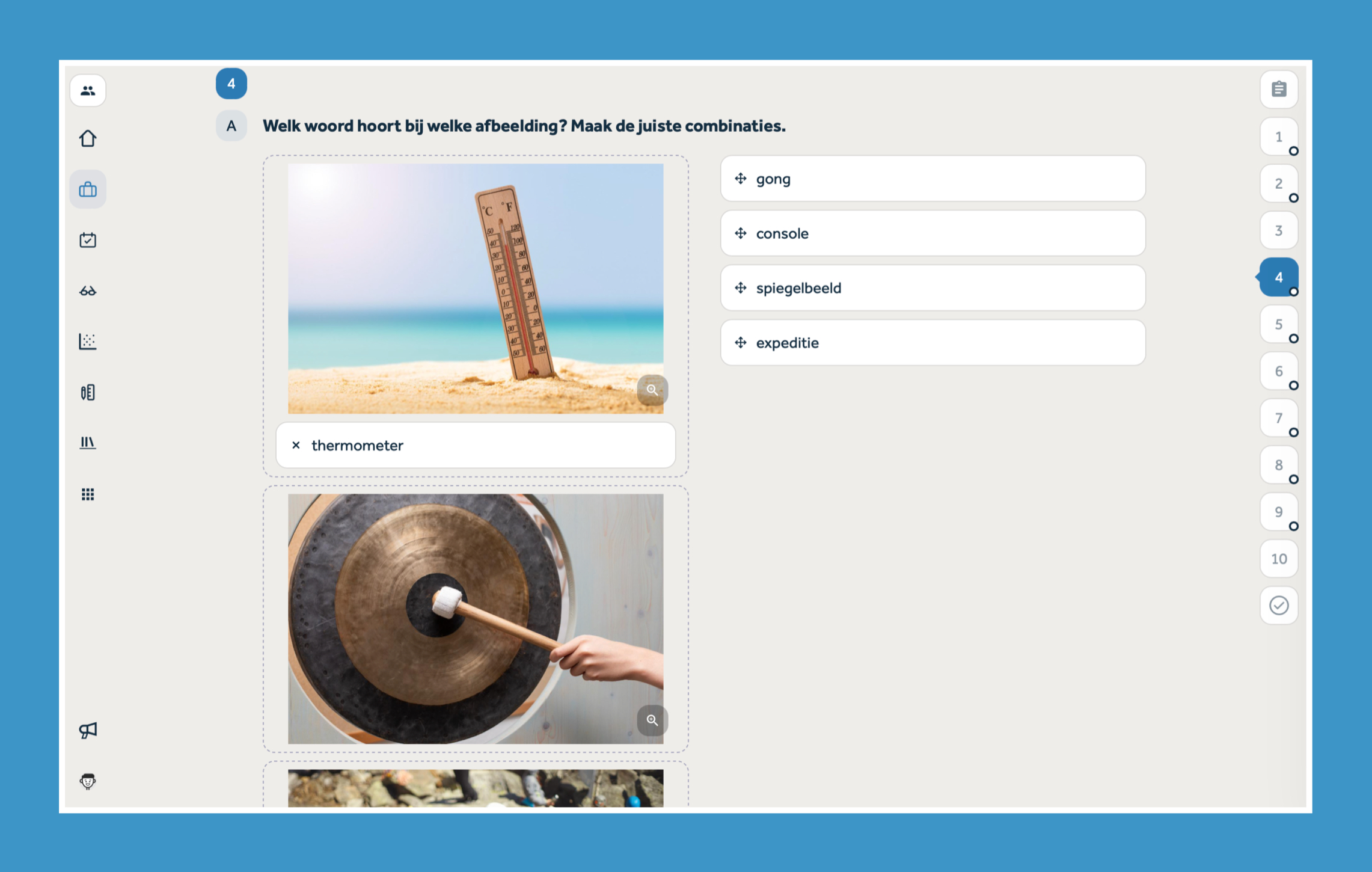 scherm van Learnbeat met matchingvraag waarbij leerlingen afbeeldingen van een gong en thermometer moeten koppelen aan het juiste begrip