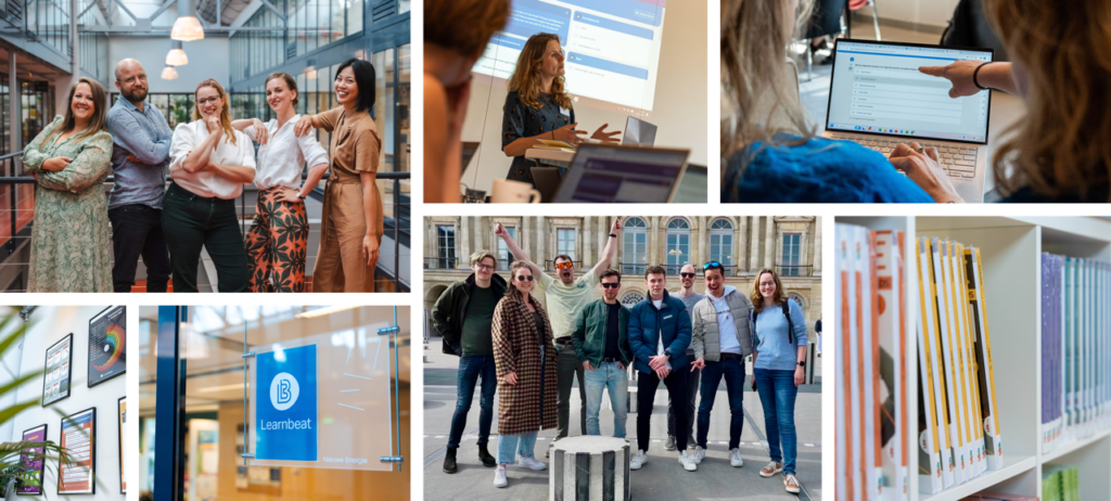 collage van foto's van medewerkers van Learnbeat in verschillende situaties: een collega die een training geeft met achter zich een scherm met Learnbeat en een teamfoto buiten in de stad en een teamfoto in de hal van het bedrijfspand van Learnbeat in Leiden