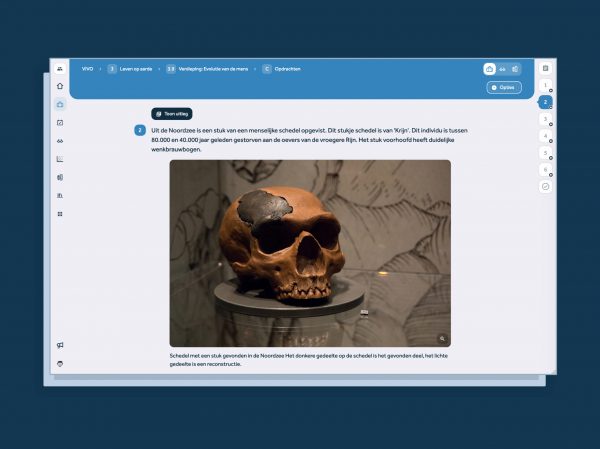 screenshot van Learnbeat met foto van een gevonden stuk schedel + reconstructie van de rest van de schedel, gevonden in de Noordzee