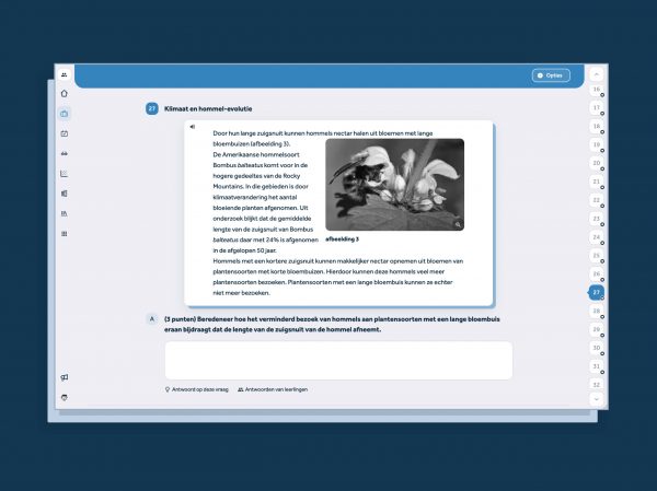 screenshot van Learnbeat met een opgave over klimaat en hommel evolutie met foto van bloem en hommel, brontekst en open vraag invulveld