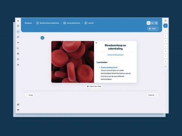 screenshot van Learnbeat met foto van bloedplaatjes en het leerdoel: bloedsamenstelling met de tekst: je kunt omschrijven uit welke onderdelen bloed bestaat en wat de functie is van verschillende bestanddelen.