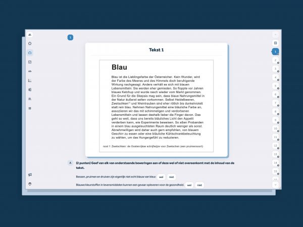 screenshot van Learnbeat met opgave voor het vak Duits met tekst 1 met titel "Blauw" en onder de tekst bewringen waarva de leerling moety aangeven of die overeenkomen met de tekst