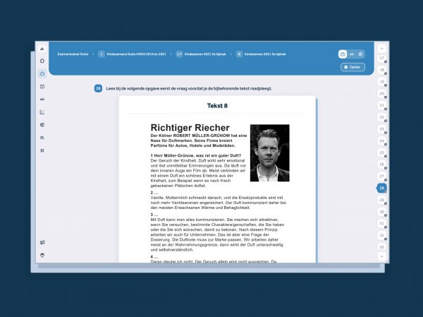 screenshot van Learnbeat met opgave voor het vak Duits met tekst 8 met titel "Richtiger Riecher" en foto van de ondernemer over wie de Duitse tekst gaat.