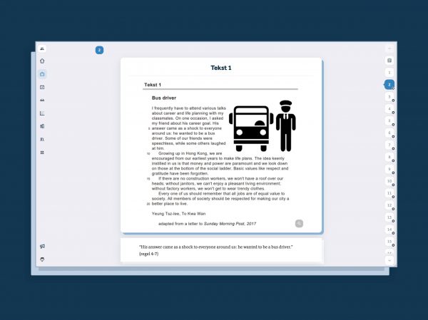 screenshot van een Engelse leestekst "tekst 1" met titel "Bus driver" met Engelse leestekst en icoon van bus en chauffeur. Aan de linkerzijkant van het scherm de icoontjes van functionaliteiten in Learnbeat en aan de rechterkant nummers van opgaven verticaal boven elkaar.