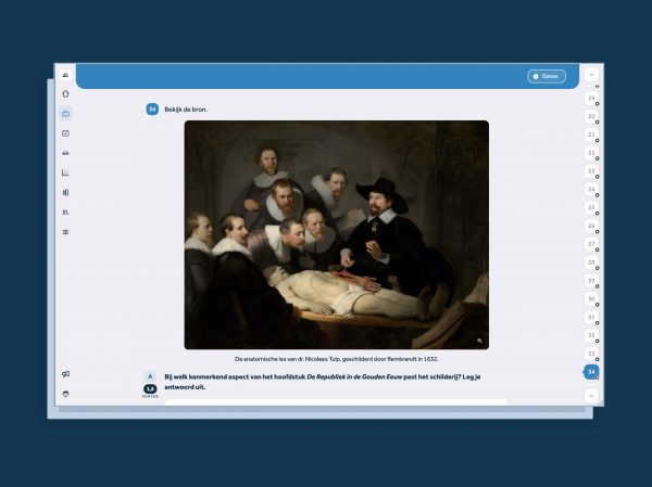 screenshot van digitale leeromgeving Learnbeat met afbeelding van bron het schilderij "De anatomische les van Dr. Nicolaas Tulp" gemaakt door Rembrandt.