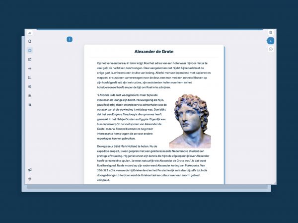 screenshot van Learnbeat met opgave 1: leestekst Alexander de grote zwarte tekst op witte achtergrond en daaronder een afbeelding van een torso standbeeld van Alexander de Grote.