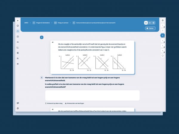 screenshot van Learnbeat met opgave en afbeelding met grafieken van vraaglijn en aanbodlijn, evenwichtsprijs en evenwichtshoeveelheid.