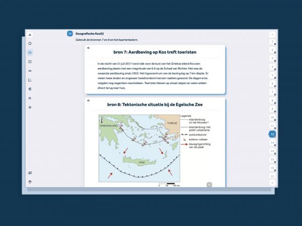 screenshot van Learnbeat met examenvraag en bronnen, tekst over een aardbeving bij Kos en beeld van de tektonische situatie bij de Egyptische Zee