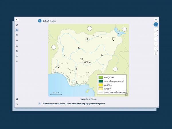 screenshot van Learnbeat met afbeelding kaart van Nigeria met nummers 1 t/m 8 en de vraag vul de namen van de steden in bij de cijfers 1 t/m 8