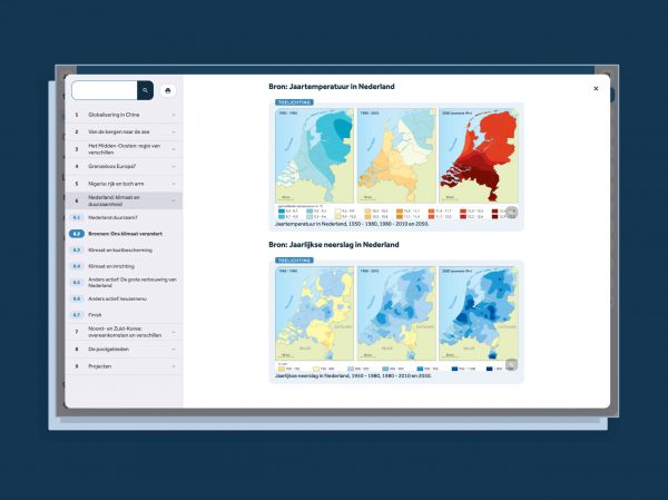 screenshot van Learnbeat met bron en afbeelding: jaartemperatuur in Nederland en bron: jaarlijkse neerslag in Nederland met kaarten