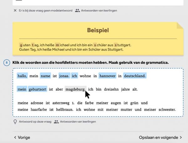 digitale opgave in Learnbeat Duits grammatica waarin je woorden moet selecteren